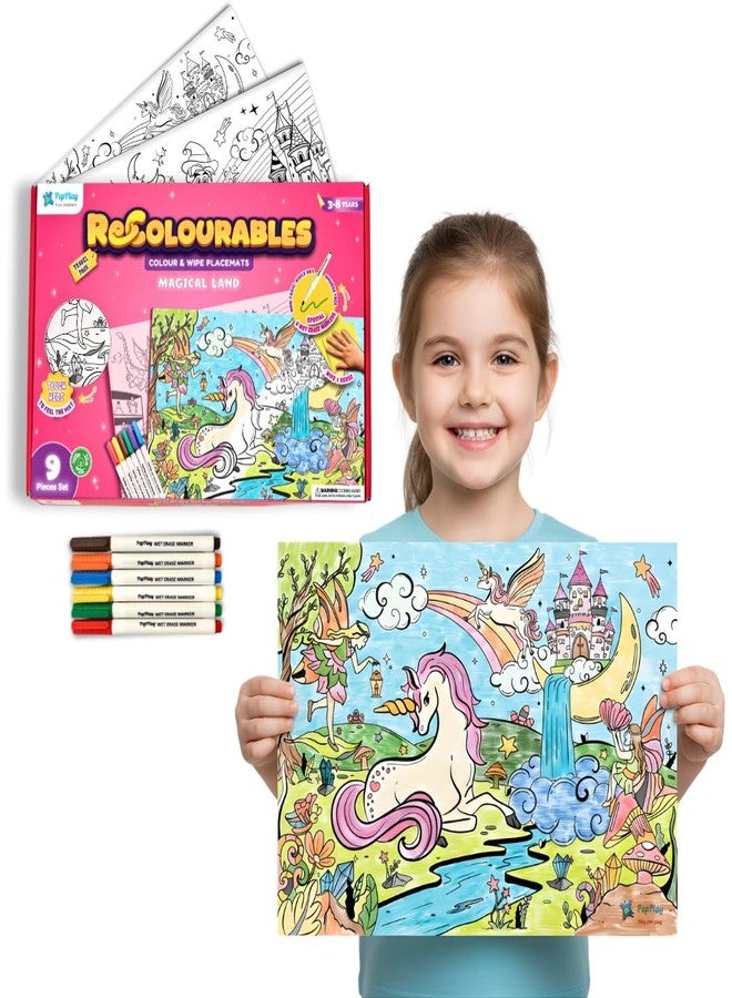 PepPlay Recolourables Mats - Magical Land, 2 Washable placemats, 6 erasable Markers & Microfibre Cloth, Mess-Free, Art, Travel-Friendly, Unicorn Gift for Girls Christmas gift for 3 4 5 6 7 years girls - Image 1